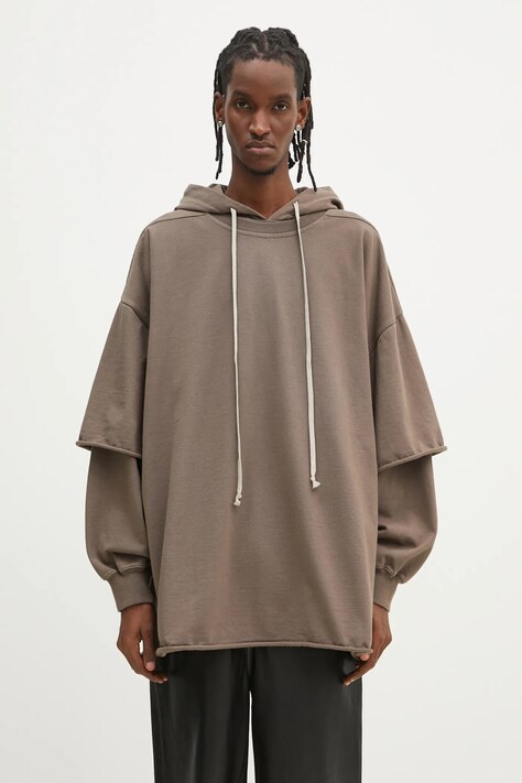 Bavlněná mikina Rick Owens Tommy Hustler pánská, hnědá barva, s kapucí, hladká, DU01E3271.RIG