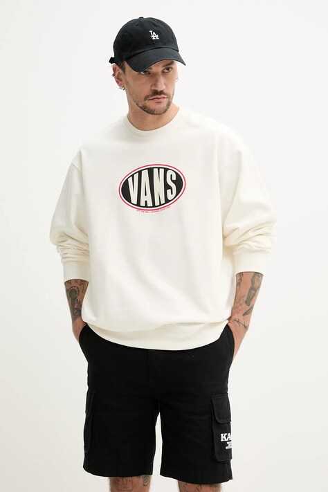 Vans hanorac de bumbac bărbați, culoarea bej, cu imprimeu, VN000HPQFS81