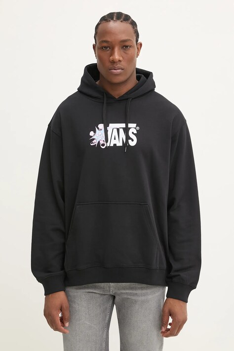 Vans hanorac de bumbac bărbați, culoarea negru, cu glugă, cu imprimeu, VN000M1QBLK1