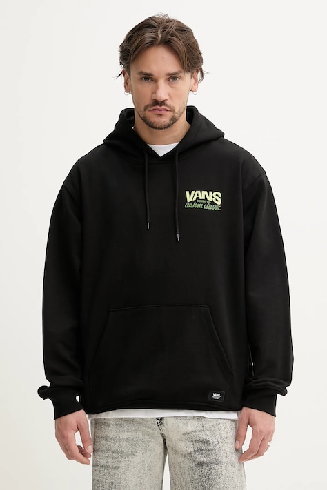 Vans hanorac de bumbac bărbați, culoarea negru, cu glugă, cu imprimeu, VN000NHRBLK1