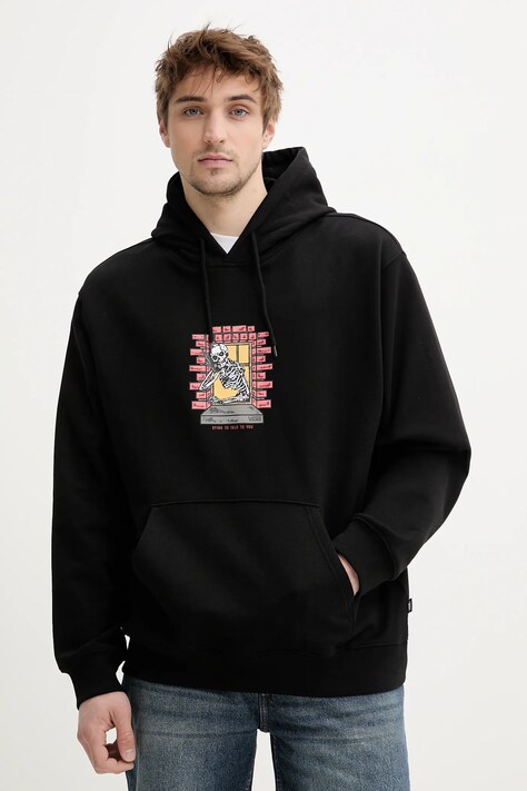 Vans hanorac de bumbac bărbați, culoarea negru, cu glugă, cu imprimeu, VN000NHSBLK1