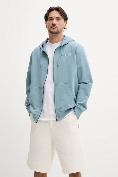 Bavlněná mikina Vans pánská, modrá barva, s kapucí, s aplikací, VN000P1FCFL1