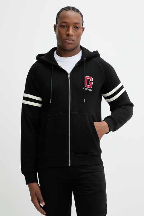 Памучен суичър Guess Jeans в черно с качулка с апликация M5GQ26 KCPR1