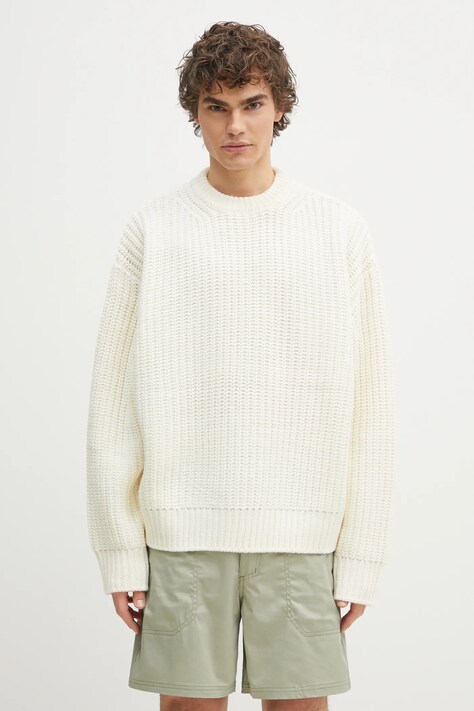 Светр з домішкою вовни MKI MIYUKI ZOKU Chunky Rib Knit Crewneck чоловічий колір бежевий теплий CHUNKY.RIB.KNIT.CREWNE.