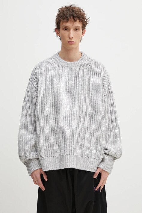 MKI MIYUKI ZOKU pulover din amestec de lana Chunky Rib Knit Crewneck barbati, culoarea gri, CHUNKY.RIB.KNIT.CRE.GR