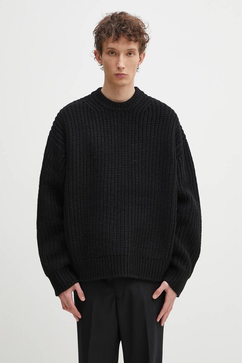 Svetr z vlněné směsi MKI MIYUKI ZOKU Chunky Rib Knit Crewneck pánský, černá barva, CHUNKY.RIB.KNIT.CRE.BL