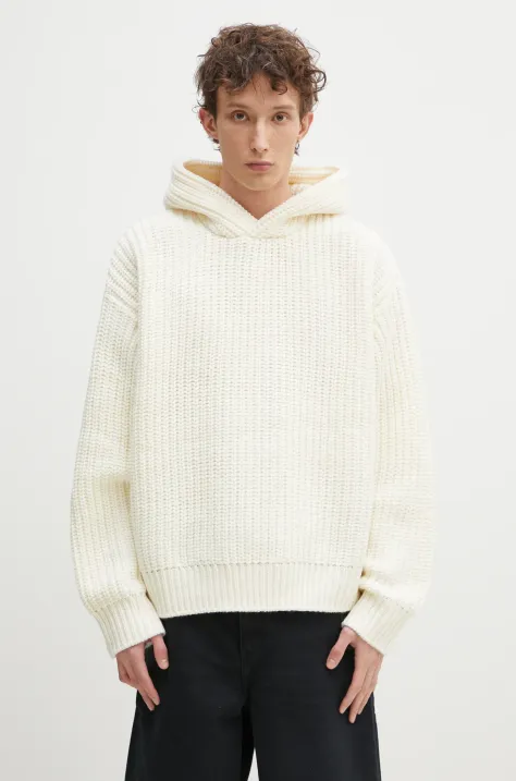 MKI MIYUKI ZOKU sweter z domieszką wełny Chunky Rib Knit Hoody męski kolor beżowy CHUNKY.RIB.KNIT.HOODY.O