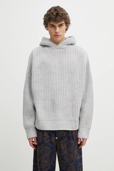 Πουλόβερ με προσθήκη μαλλιού MKI MIYUKI ZOKU Chunky Rib Knit Hoody ανδρικό, χρώμα: γκρι, CHUNKY.RIB.KNIT.HOODY.G