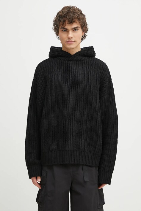 Светр з домішкою вовни MKI MIYUKI ZOKU Chunky Rib Knit Hoody чоловічий колір чорний теплий CHUNKY.RIB.KNIT.HOODY.B