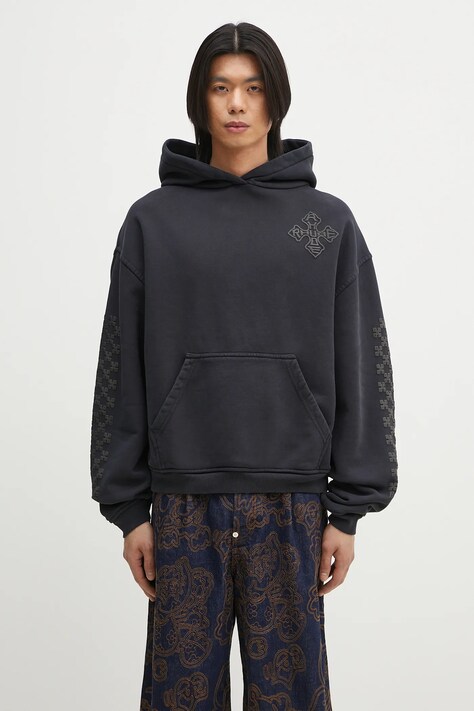 Bavlněná mikina RHUDE Cross Logo pánská, tmavomodrá barva, s kapucí, s potiskem, RHPS25HO02012