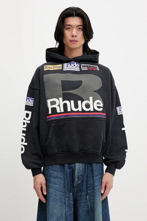 Бавовняна кофта RHUDE Petrol Patch колір чорний з капюшоном з принтом RHSS25HO04012