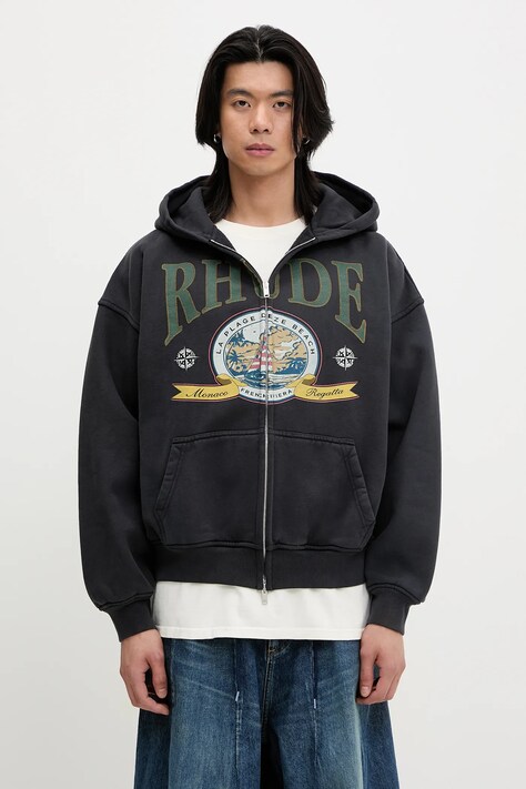 RHUDE hanorac de bumbac Monaco Regatta culoarea negru, cu glugă, cu imprimeu, RHSS25HO09012