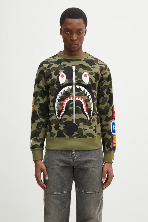Хлопковая кофта A Bathing Ape 1St Camo Shark Crewneck мужская цвет зелёный узор 1K80113010