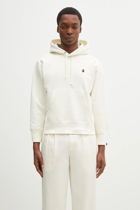 Хлопковая кофта A Bathing Ape One Point Pullover мужская цвет бежевый с капюшоном однотонная 1K80214005