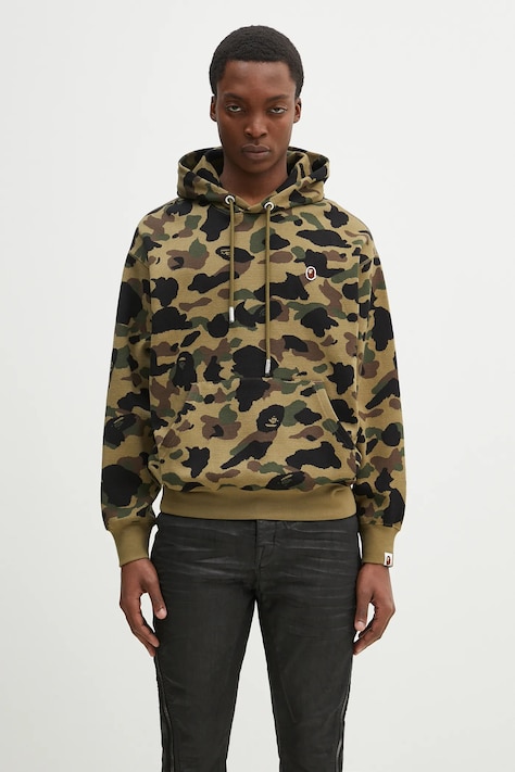 Бавовняна кофта A Bathing Ape 1St Camo Jacquard One Point чоловіча колір зелений з капюшоном візерунок 1L30114302