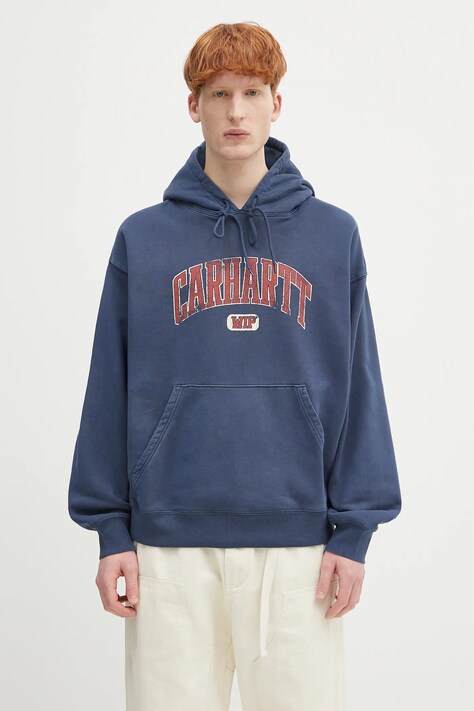 Дитяча бавовняна кофта Carhartt WIP Hooded Library Sweat колір синій з капюшоном з принтом I034726.E7GD