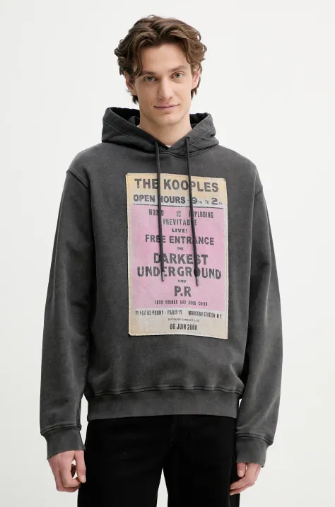 The Kooples bluza bawełniana męska kolor szary z kapturem z nadrukiem HSWE30013K