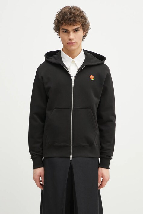 Pamučna dukserica Kenzo za muškarce, boja: crna, s kapuljačom, s aplikacijom, FF55SW2664MF.99J