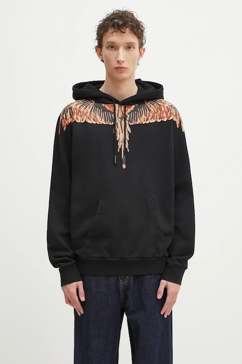 Памучен суичър Marcelo Burlon Icon Wings Regular Hoodie Black Orange в черно с качулка с принт CMBB007S25FLE0011020