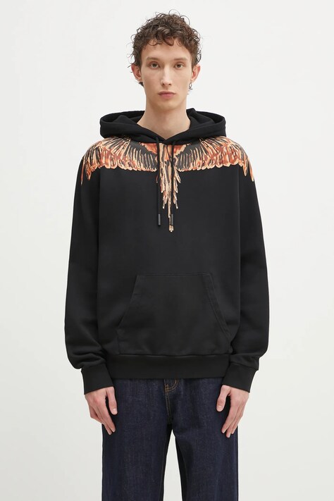 Pamučna dukserica Marcelo Burlon Icon Wings Regular Hoodie Black Orange za muškarce, boja: crna, s kapuljačom, s tiskom, CMBB007S25FLE0011020