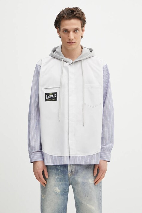 AMBUSH bluză Hooded Shirt culoarea gri, cu glugă, cu imprimeu, 12115312