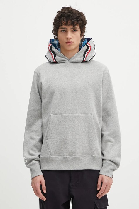 Хлопковая кофта A Bathing Ape Abc Camo Shark Pullover цвет серый с капюшоном узор 1L30114009