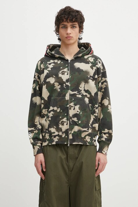 A Bathing Ape cotton sweatshirt Map Camo Shark Full Zip green color hooded patterned 1L30115001