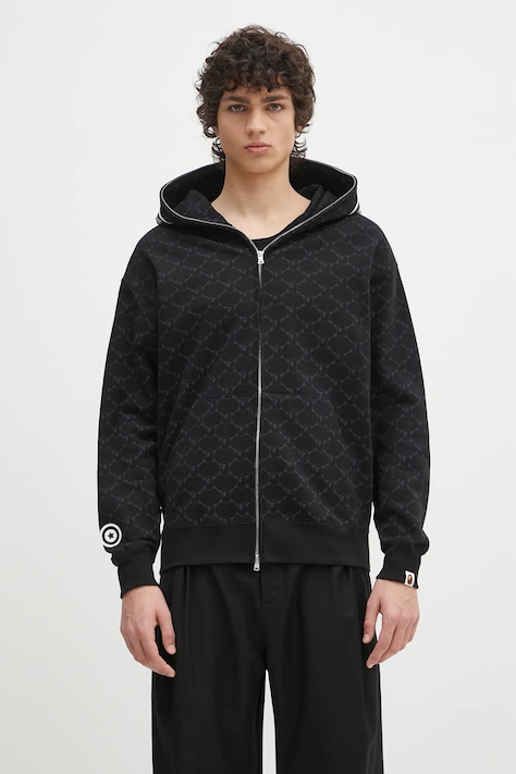 Бавовняна кофта A Bathing Ape College Monogram Relaxed Fit Shark Full колір чорний з капюшоном візерунок 1L30115314