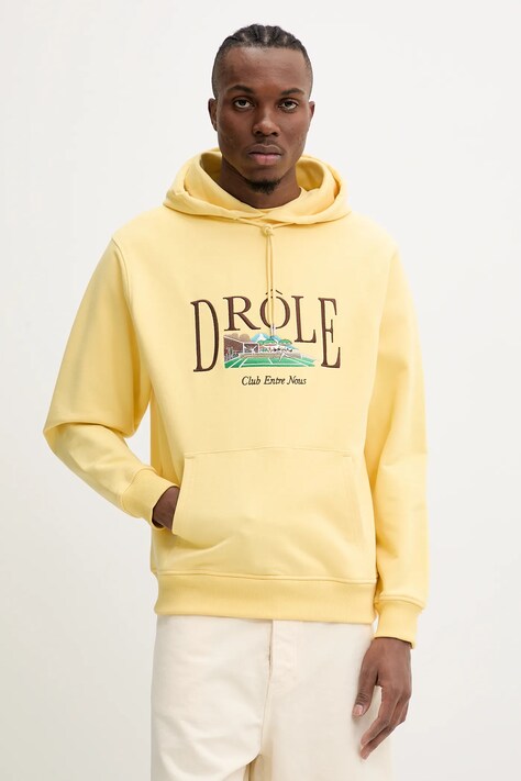 Drôle de Monsieur hanorac de bumbac Le Hoodie Tennis Court culoarea galben, cu glugă, cu imprimeu, G-HO176-CO127-LYL