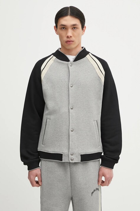 Bavlněná mikina Palm Angels Curved Logo Track Varsity pánská, šedá barva, vzorovaná, PMEK010S25FAB0010810