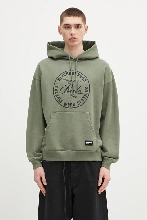 NEIGHBORHOOD bluza bawełniana Classic Sweat Hoodie Ls męska kolor zielony z kapturem z nadrukiem 242FPNH.CSM02