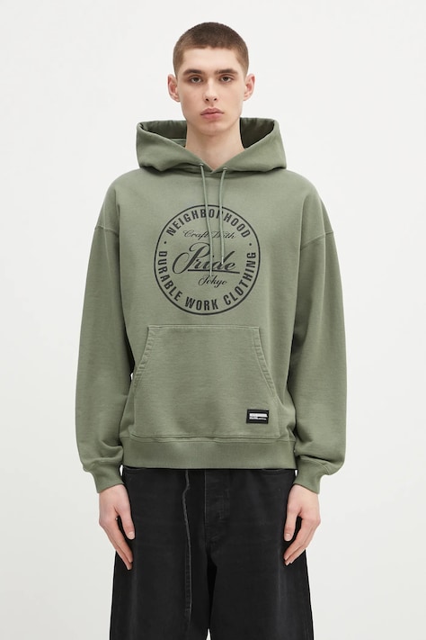 NEIGHBORHOOD bluza bawełniana Classic Sweat Hoodie Ls męska kolor zielony z kapturem z nadrukiem 242FPNH.CSM02