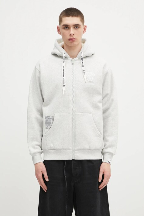 AAPE sweatshirt Now Zip Up gray color hooded with an application AAPSWMB332XAN