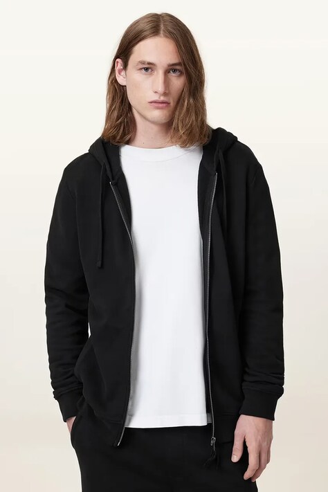 Бавовняна кофта AllSaints RAVEN колір чорний з капюшоном однотонна M028NA
