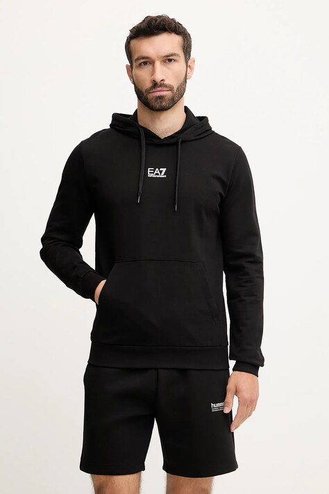 EA7 Emporio Armani pamut melegítőfelső fekete, nyomott mintás, kapucnis, 8NPM32.PJVRZ
