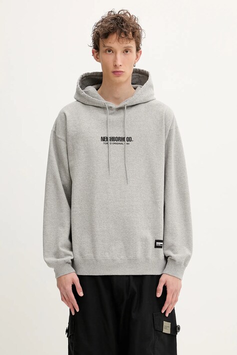 NEIGHBORHOOD bluza bawełniana SOLID SWEAT męska kolor szary z kapturem z nadrukiem 251UWNH-CSM04