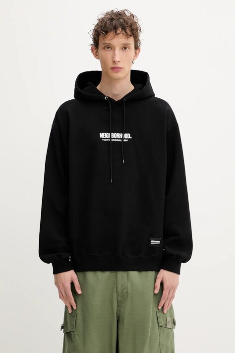 Хлопковая кофта NEIGHBORHOOD SOLID SWEAT цвет чёрный с капюшоном с принтом 251UWNH-CSM04