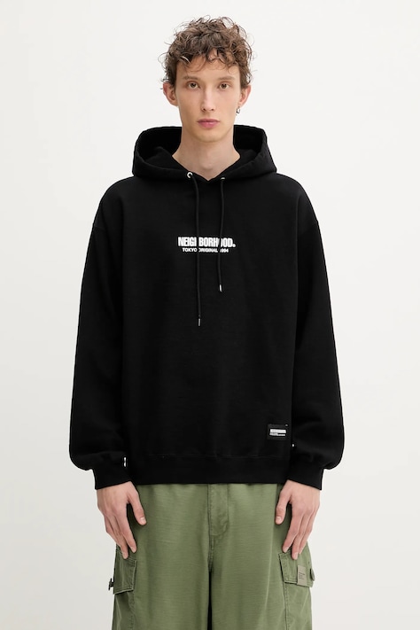 Хлопковая кофта NEIGHBORHOOD SOLID SWEAT цвет чёрный с капюшоном с принтом 251UWNH-CSM04