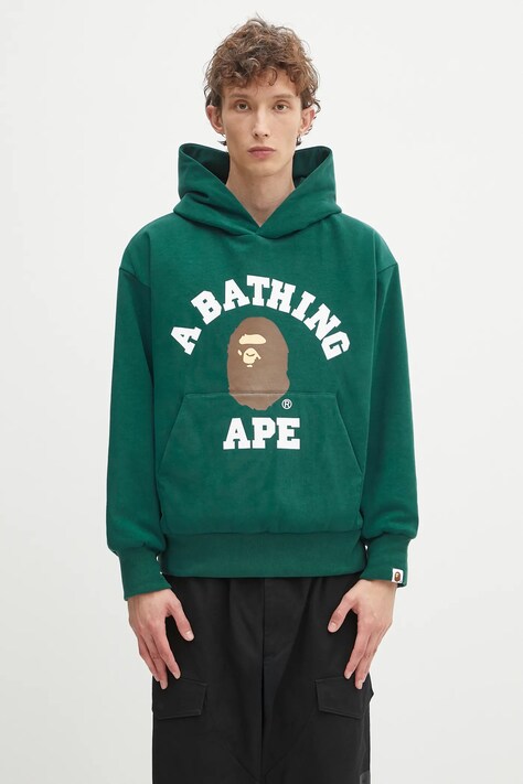 Хлопковая кофта A Bathing Ape College puffy цвет зелёный с капюшоном с принтом 1K80114012
