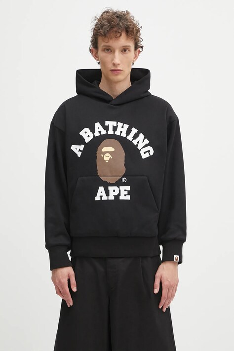 Хлопковая кофта A Bathing Ape College puffy цвет чёрный с капюшоном с принтом 1K80114012