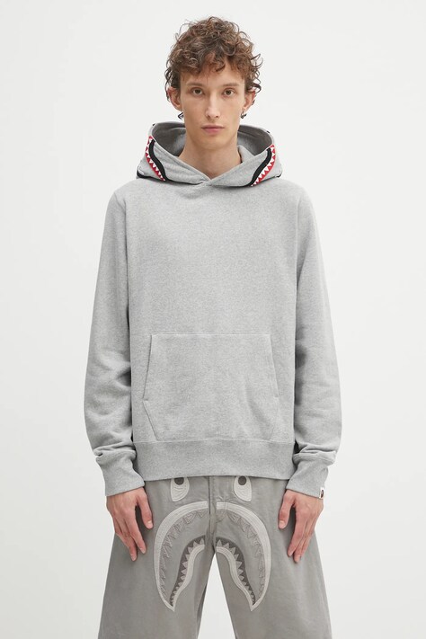 A Bathing Ape bluza bawełniana Shark męska kolor szary z kapturem z aplikacją 1K80114013