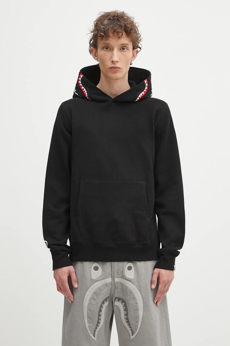 Хлопковая кофта A Bathing Ape Shark цвет чёрный с капюшоном с аппликацией 1K80114013