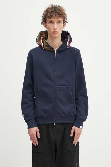 Хлопковая кофта A Bathing Ape 1st shark цвет синий с капюшоном узор 1K70115005