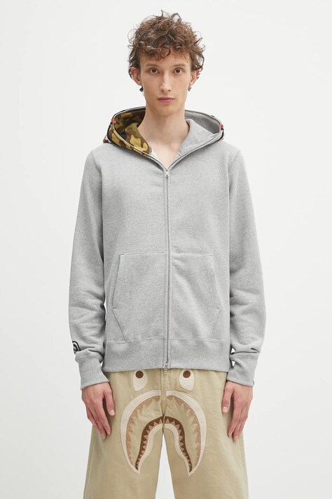 Bavlněná mikina A Bathing Ape 1st shark pánská, šedá barva, s kapucí, vzorovaná, 1K70115005