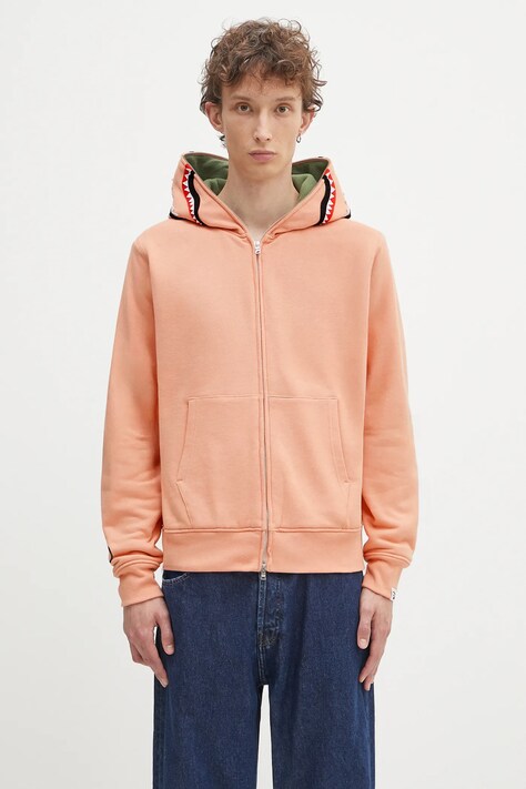 Хлопковая кофта A Bathing Ape 2nd shark цвет оранжевый с капюшоном с аппликацией 1K70115006