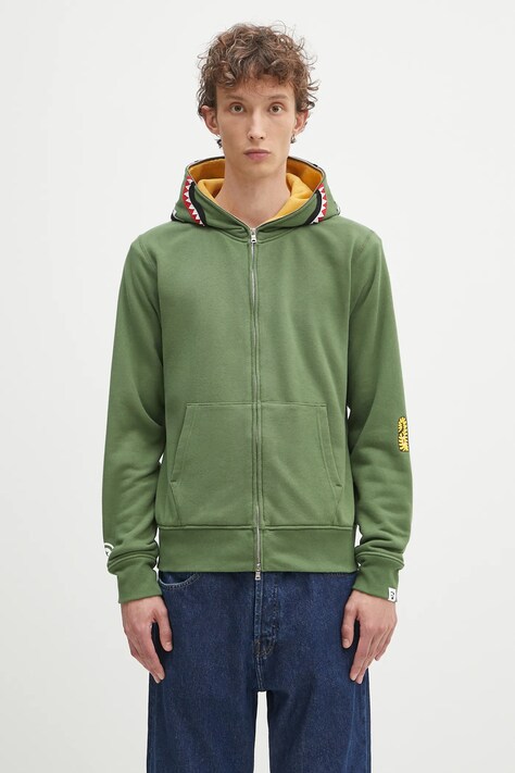 Хлопковая кофта A Bathing Ape 2nd shark цвет зелёный с капюшоном с аппликацией 1K70115006