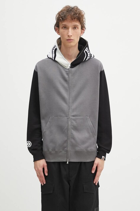 Хлопковая кофта A Bathing Ape Shark цвет серый с капюшоном с аппликацией 1K70115311