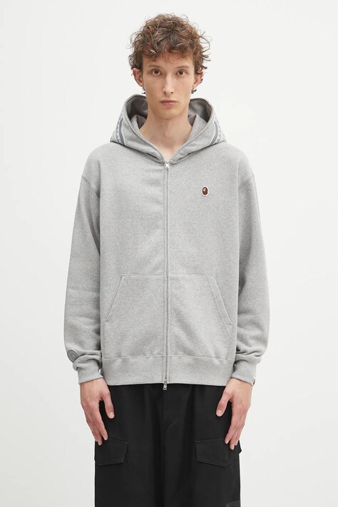 Bavlněná mikina A Bathing Ape One point APE head shark pánská, šedá barva, s kapucí, s aplikací, 1K80115305