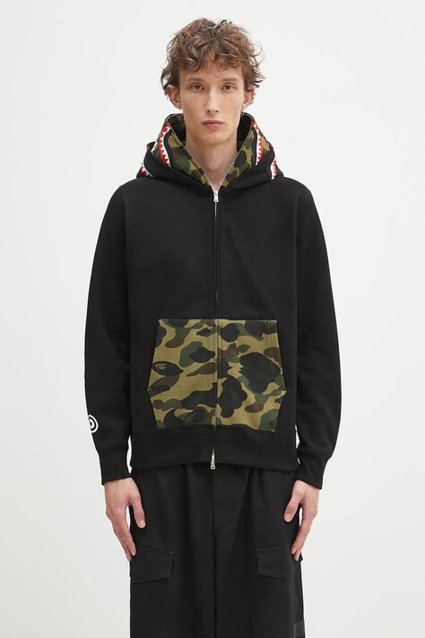 Pamučna dukserica A Bathing Ape 1st camo shark boja: crna, s kapuljačom, s aplikacijom, 1L30115007