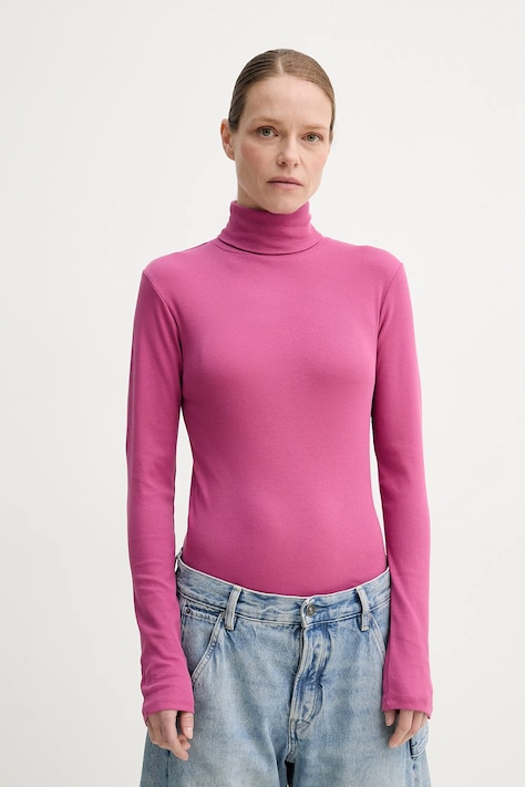 Tričko s dlouhým rukávem Marc O'Polo růžová barva, s golfem, 5000005453